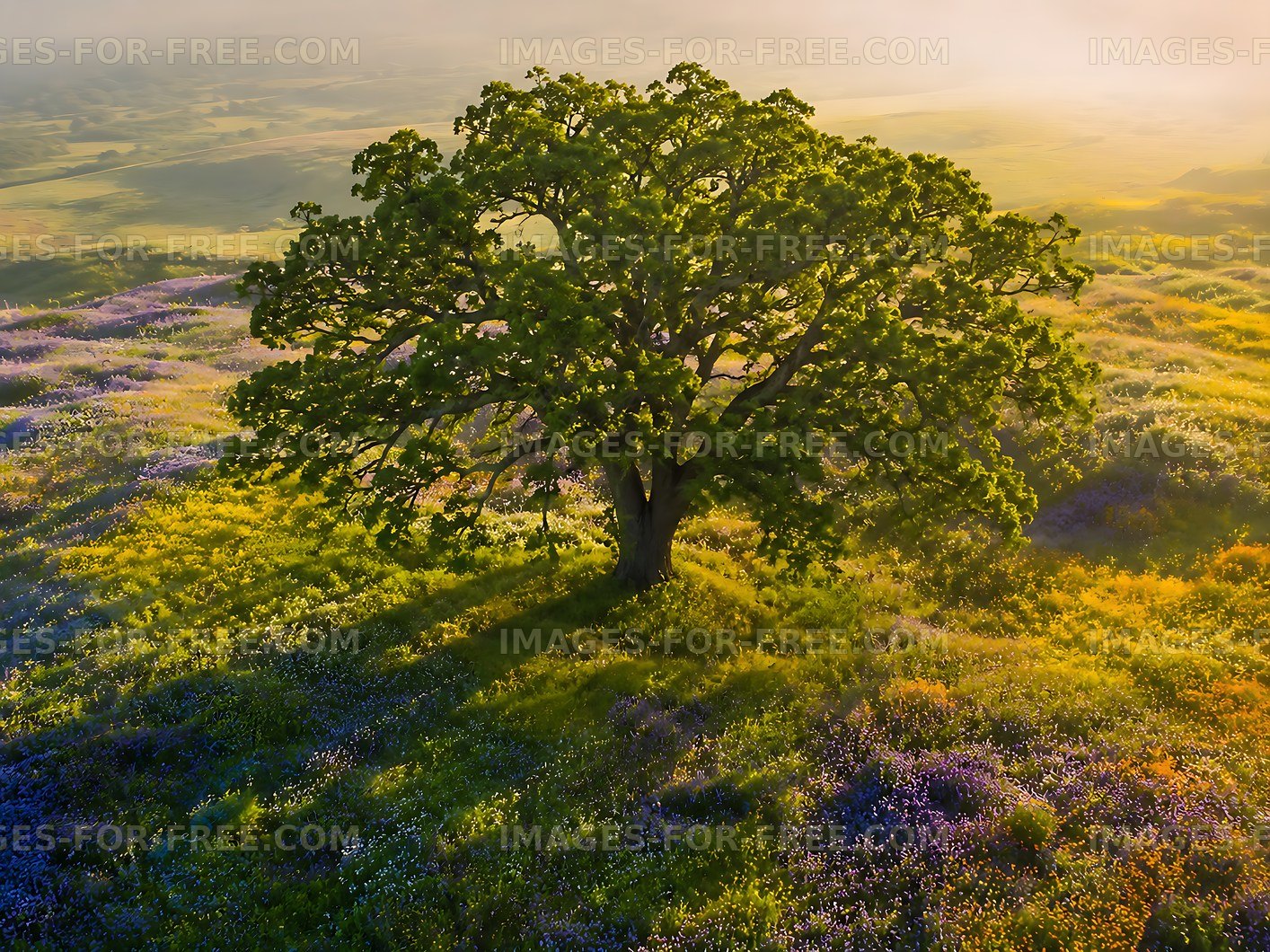 Lone tree surrounded by vibrant wildflowers at sunrise