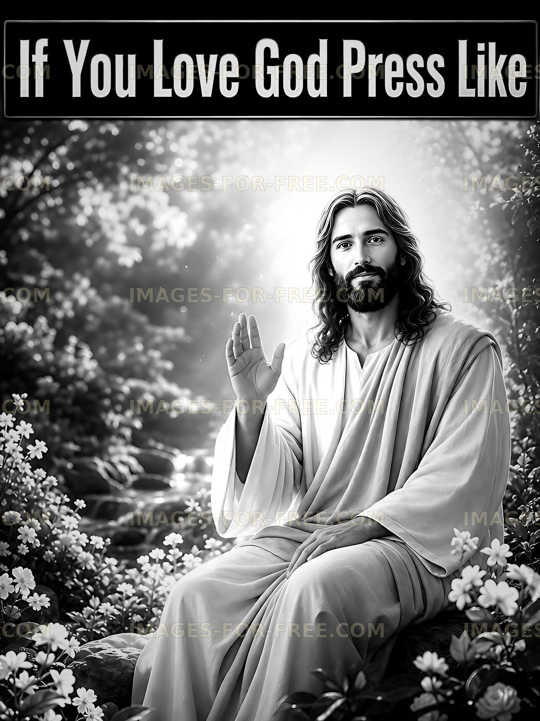 Religious figure raises hand among flowers in a peaceful setting