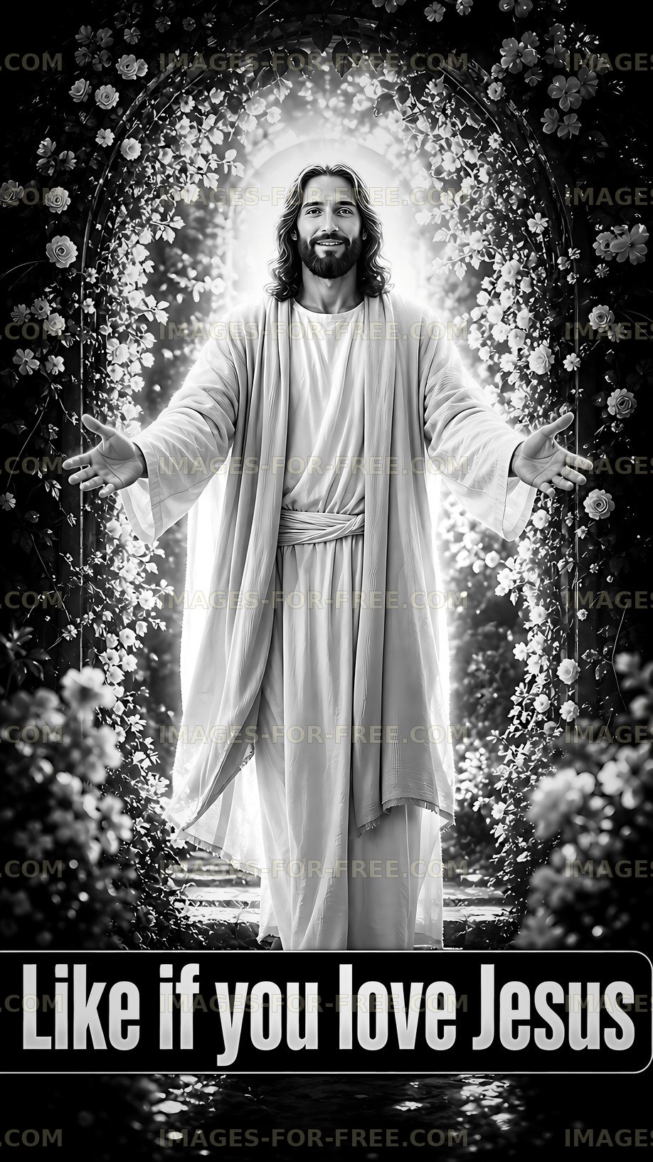 Jesus standing among flowers with open arms