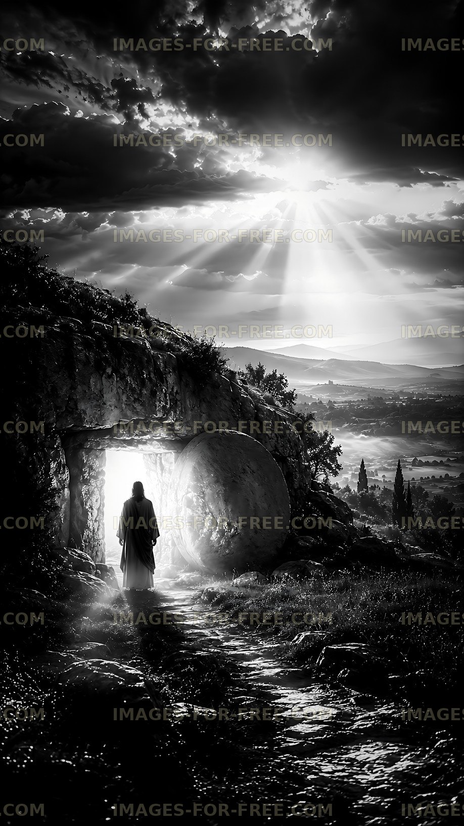 Walking out of the tomb in a historic landscape
