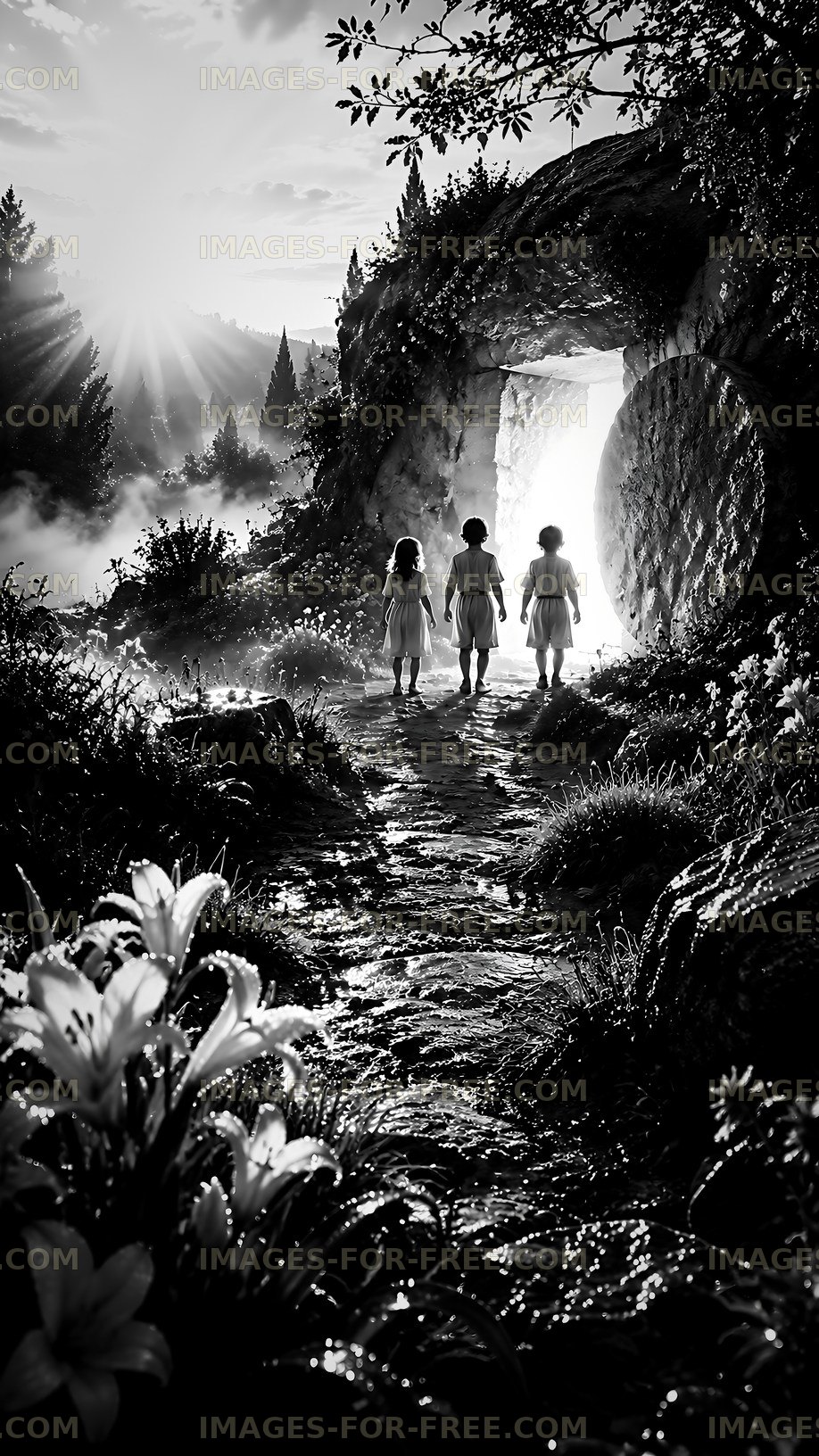 Children walking toward a glowing archway in a wooded area