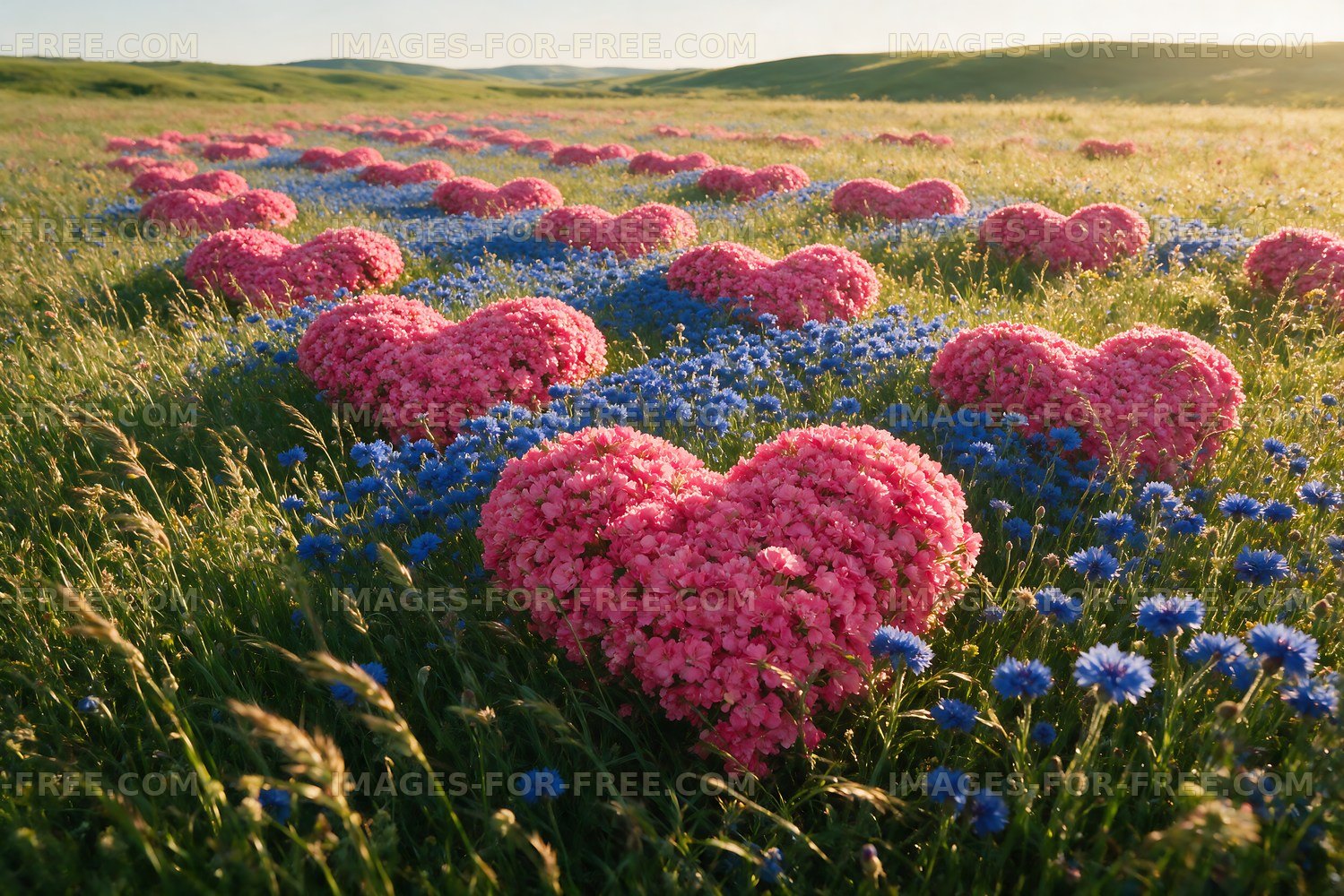 Colorful heart-shaped flowers in a grassy field