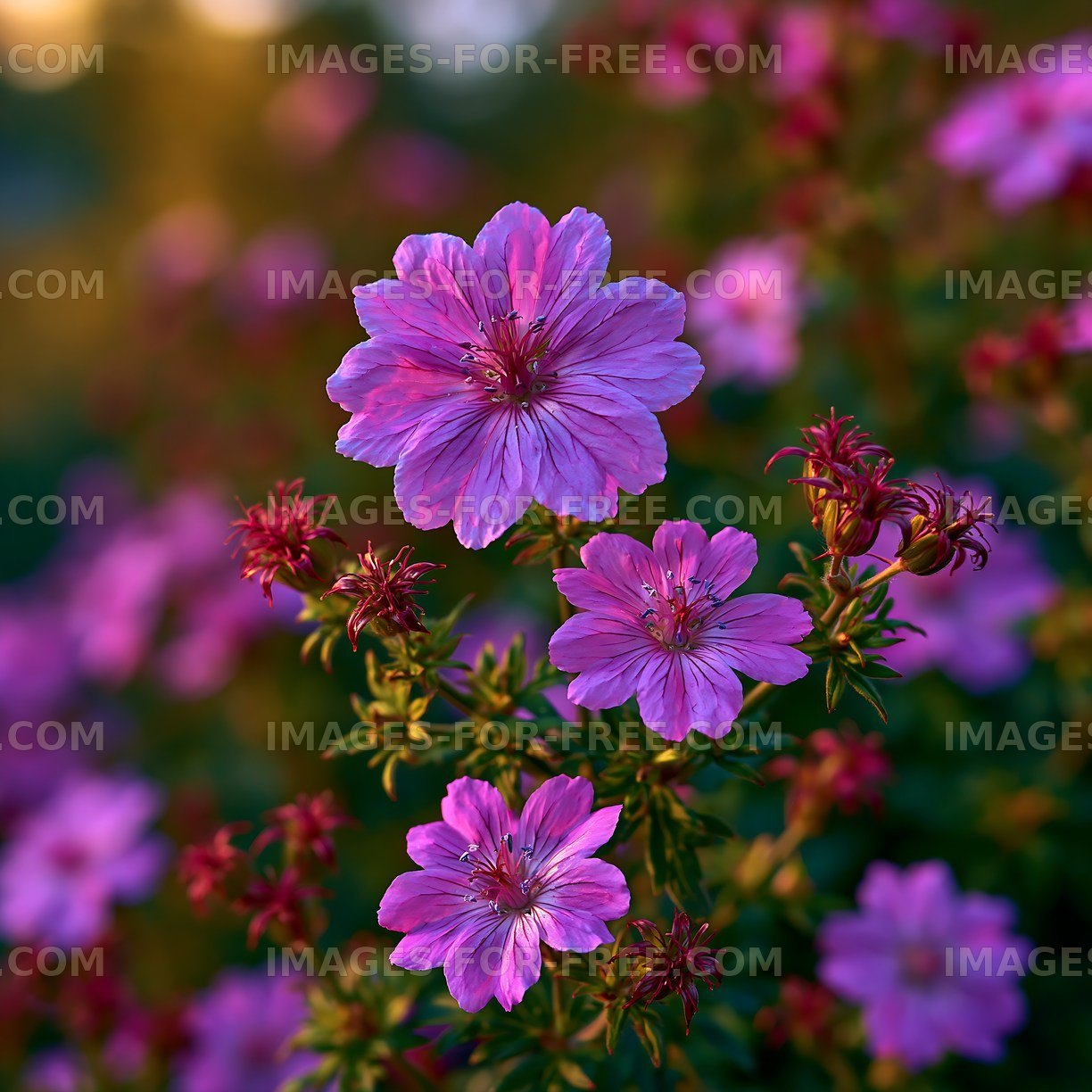Purple flowers blooming in a garden during sunset
