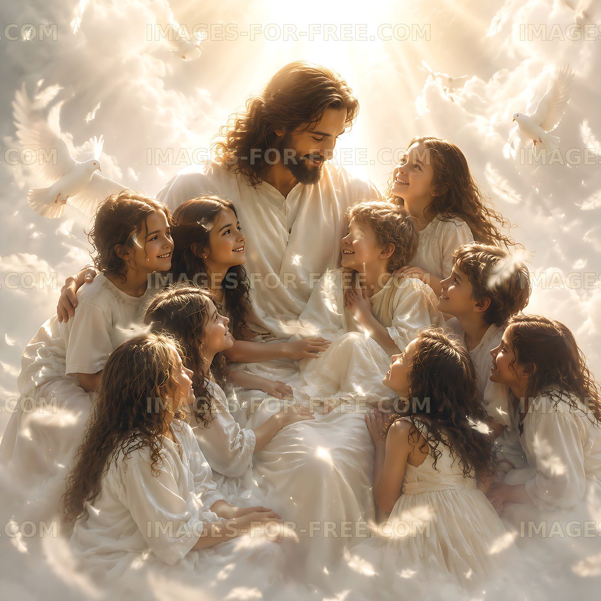 Children gathered around figure in white robes