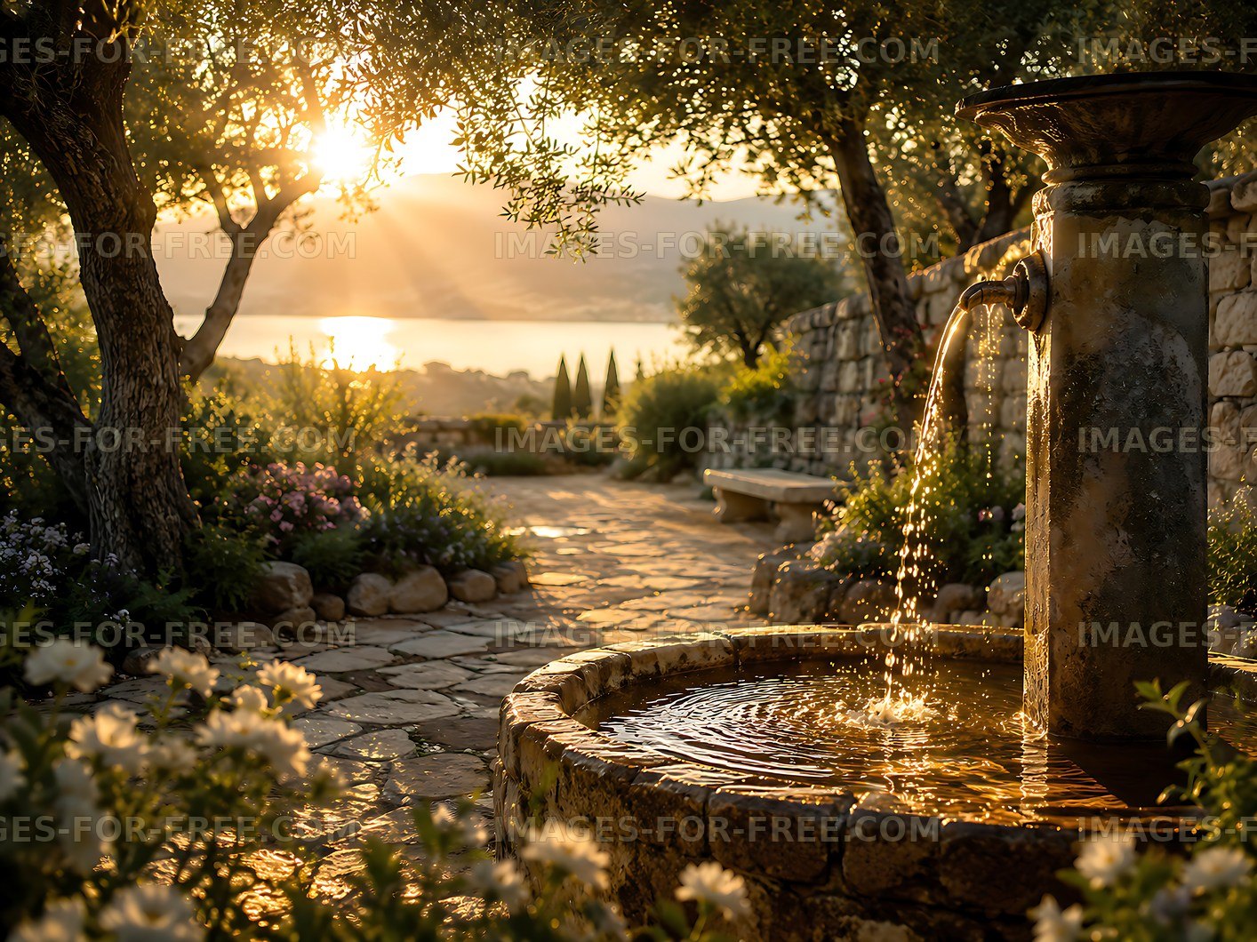 Sunset over a garden with a fountain