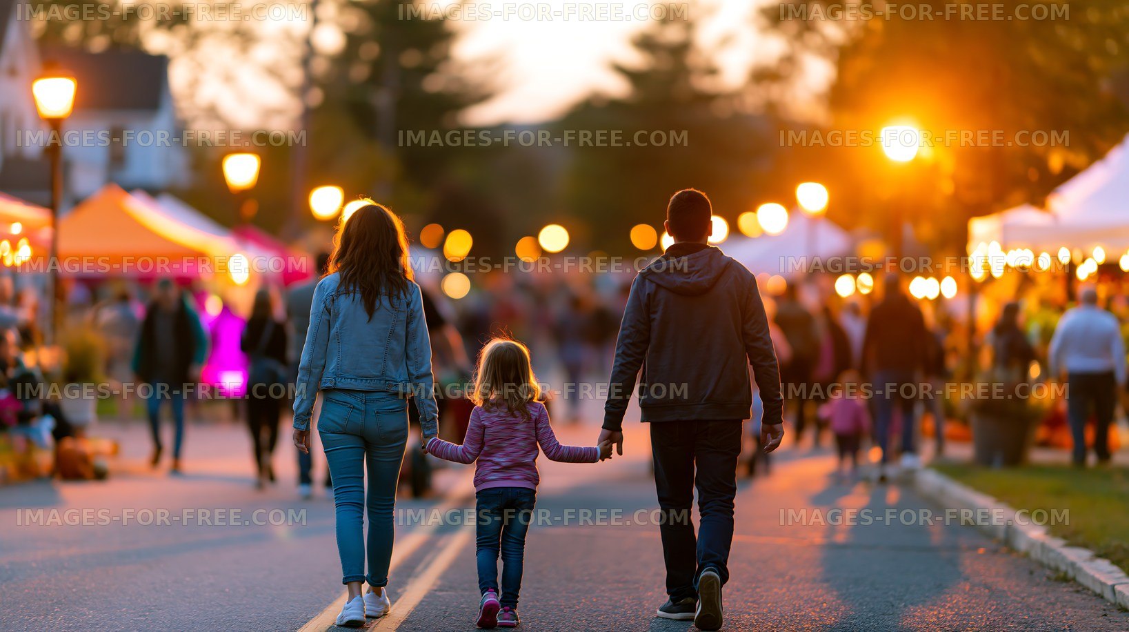Family walks hand in hand through a busy evening market