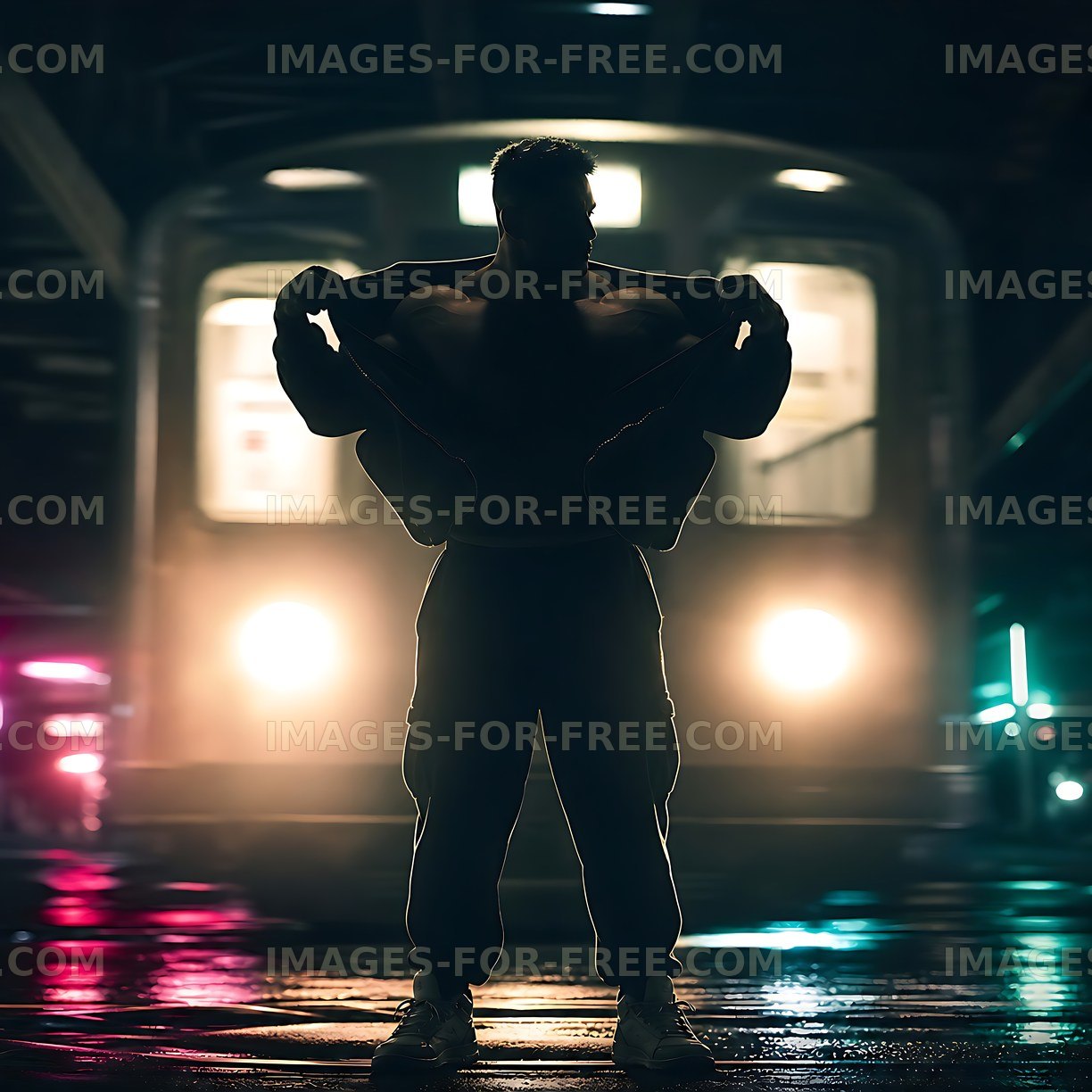 Silhouette of person before subway train at night