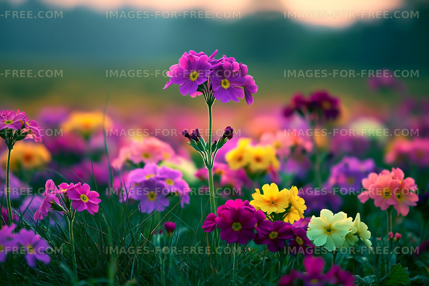 Colorful flowers bloom in a field during sunset