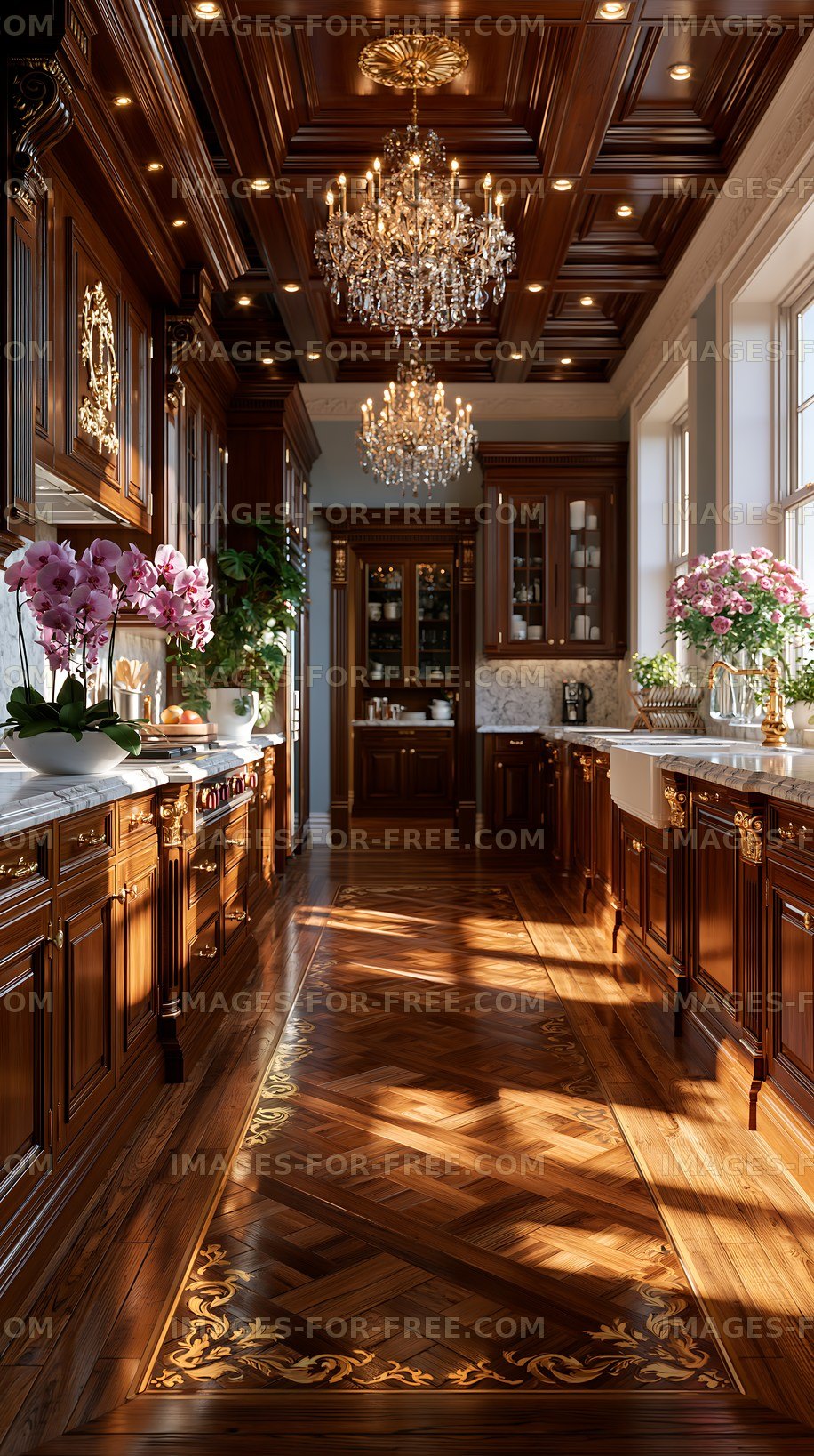 Elegant wooden kitchen with chandeliers and floral arrangements