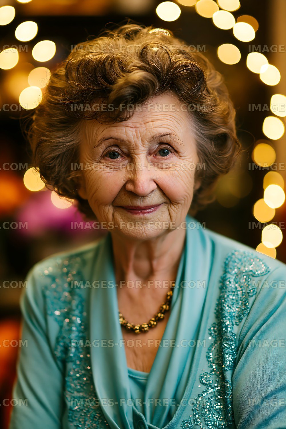 Elderly woman posing with a warm smile and twinkling lights