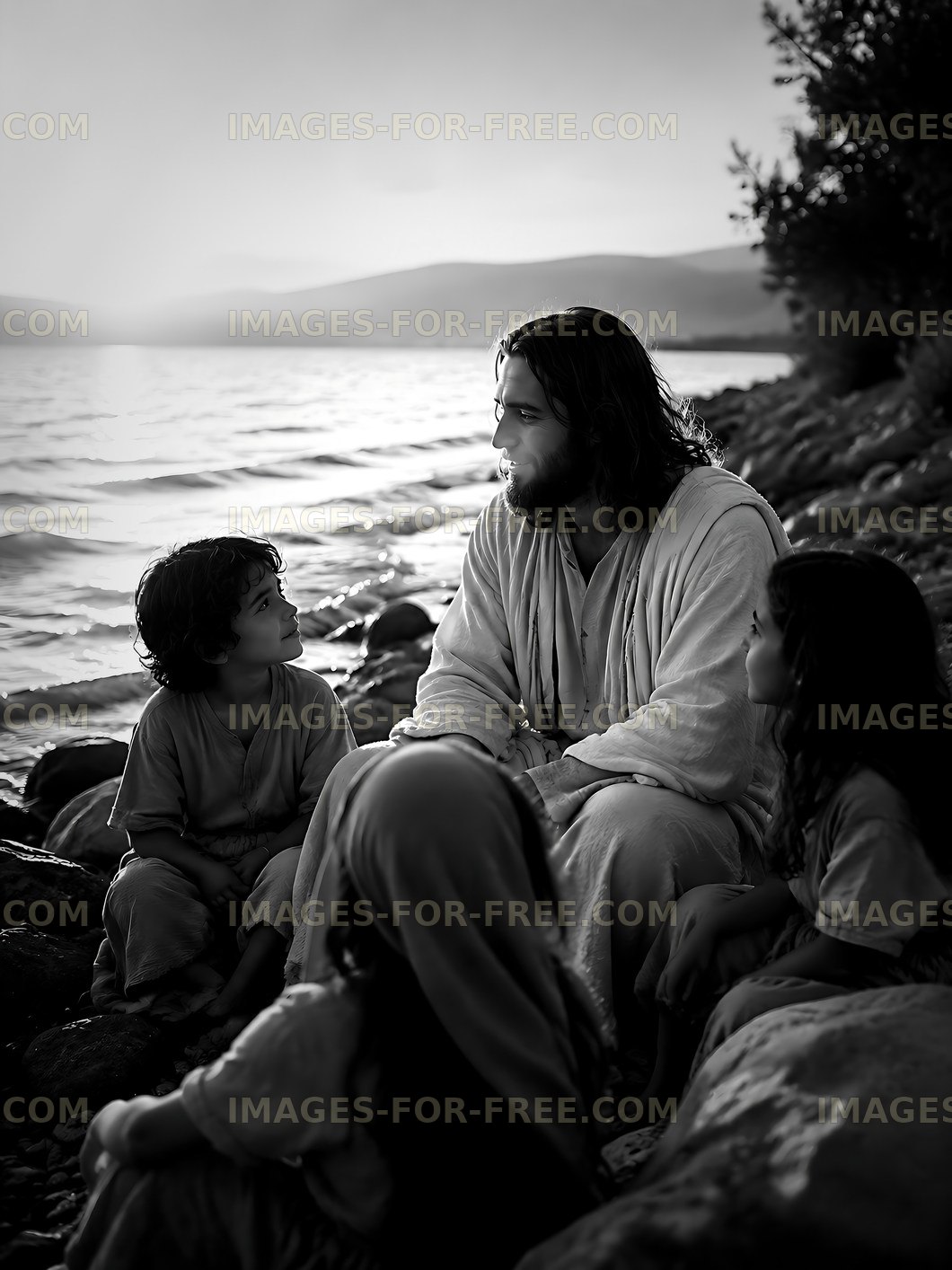 Man seated with children by a lake at sunset