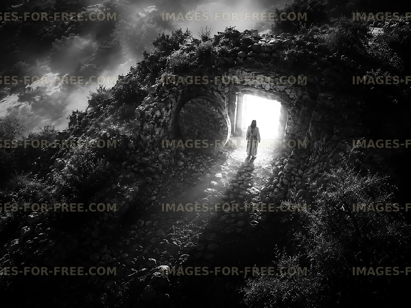 Person walking through stone archway in black and white
