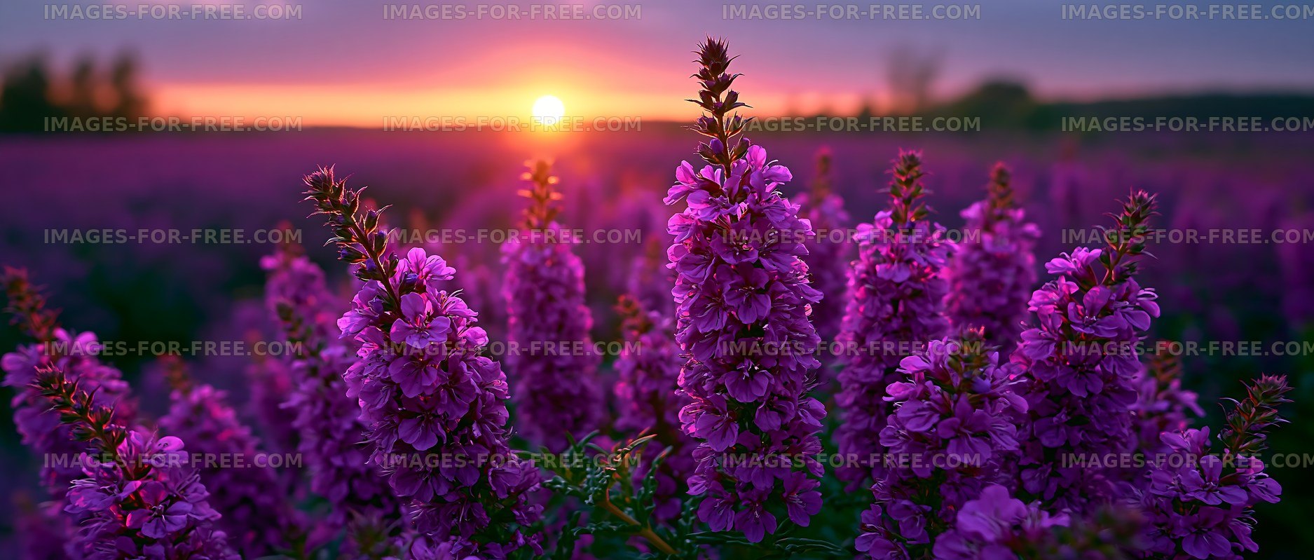 Purple flowers bloom at sunset in a field