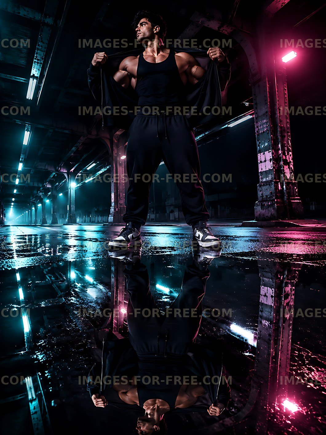 Muscular man posing under neon lights in an industrial space