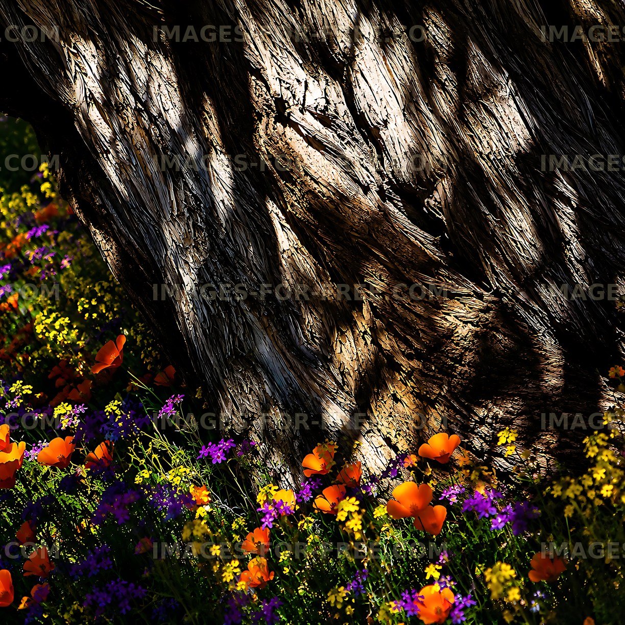 Colorful flowers bloom near a textured tree trunk