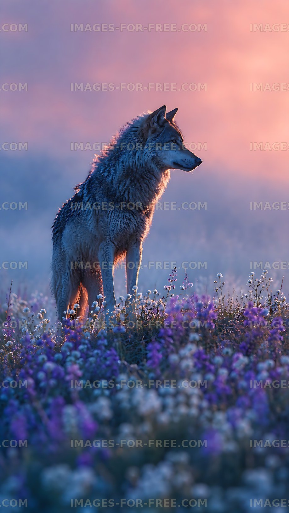 Wolf standing in a field of flowers at sunset