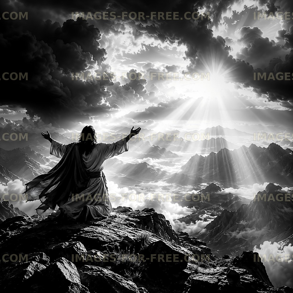Figure overlooking mountains and clouds under dramatic sky