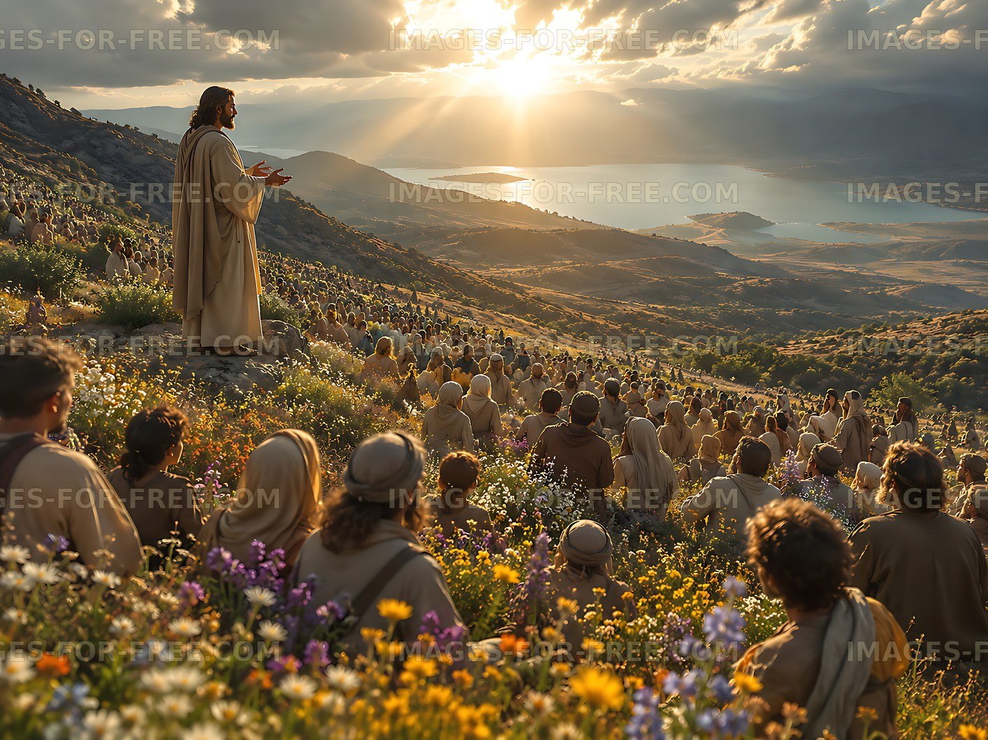 Crowd listening to a speaker on a hillside at sunset