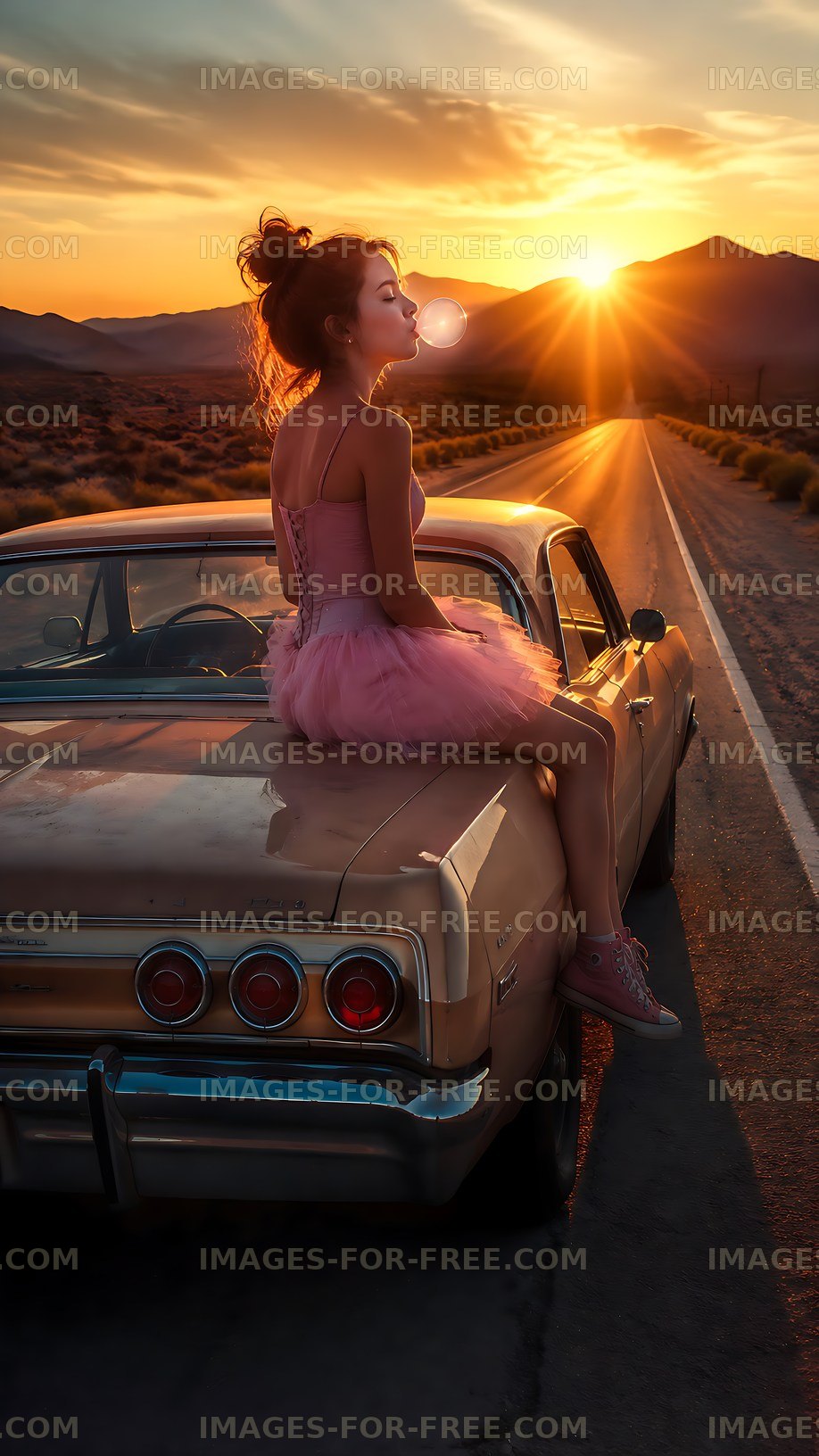 Ballet dancer sits on vintage car at sunset on open road