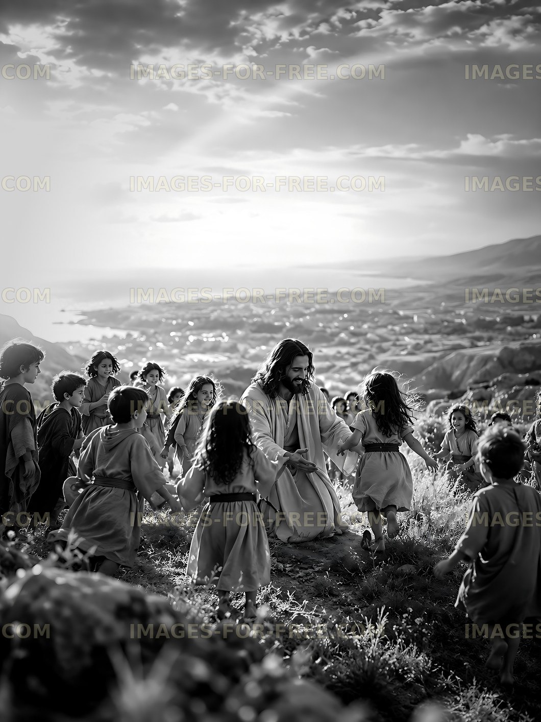 Children gather around a figure in a landscape setting