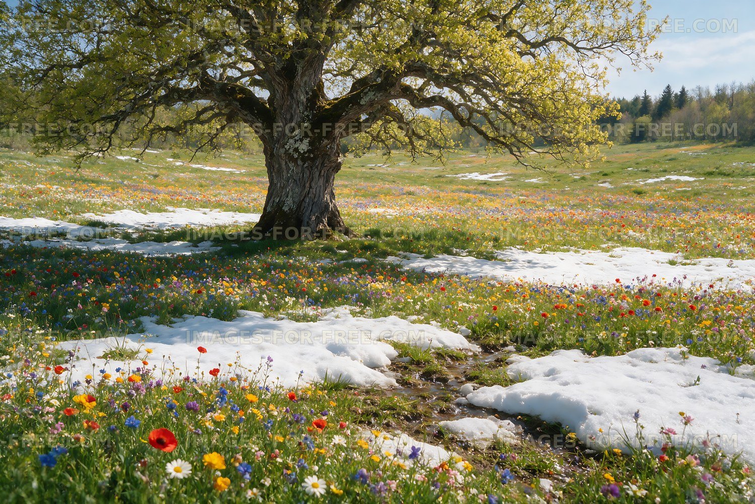 Snow and flowers under a tree in a green meadow