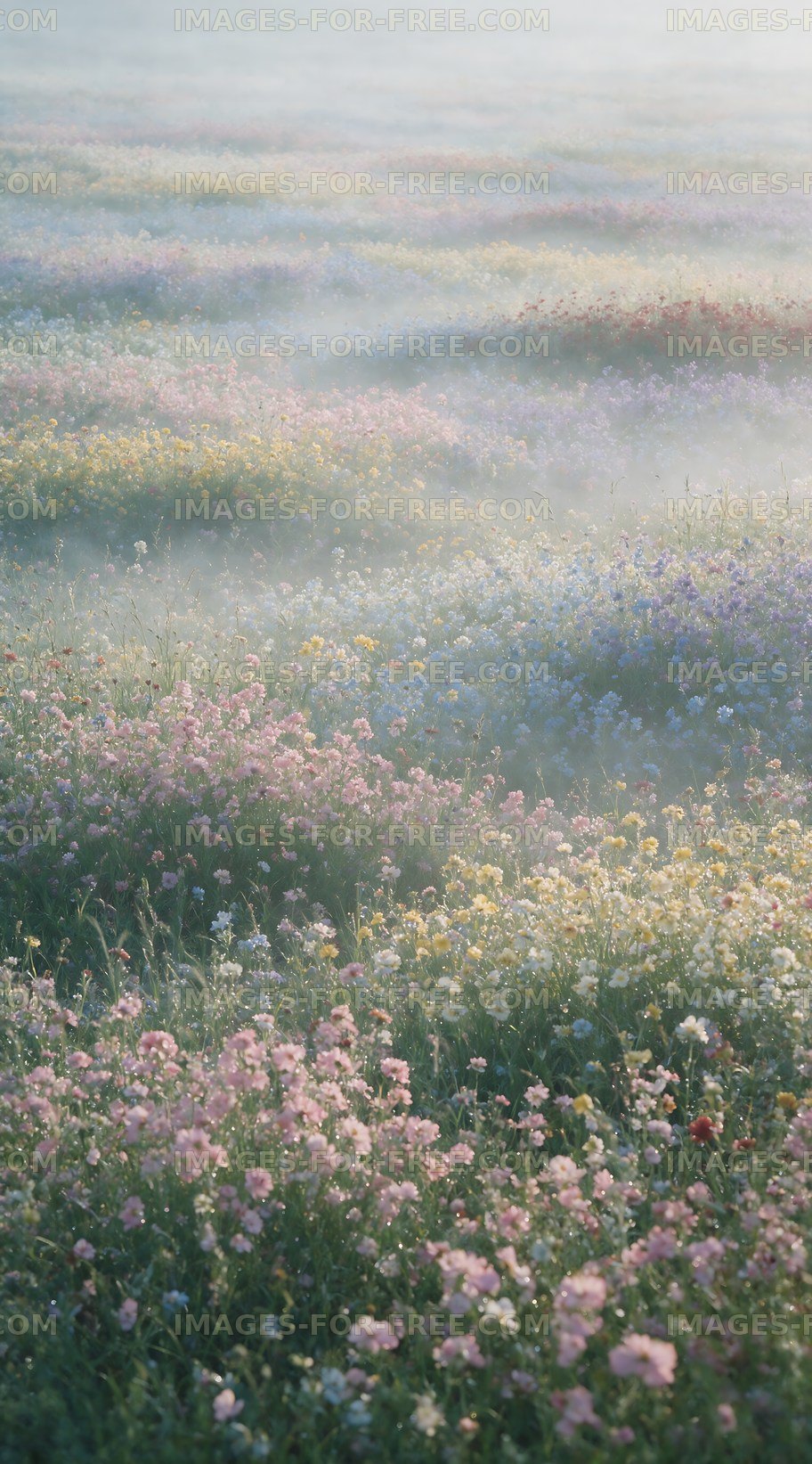 Colorful wildflower field in morning mist