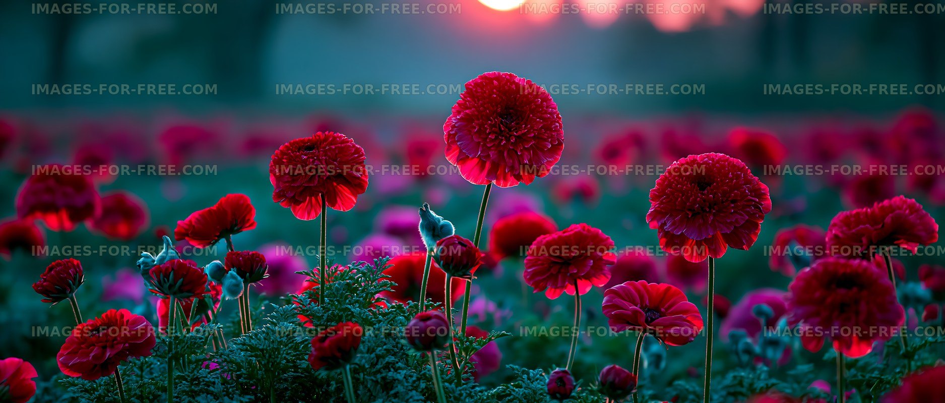 Vibrant flowers bloom at sunset in a colorful field