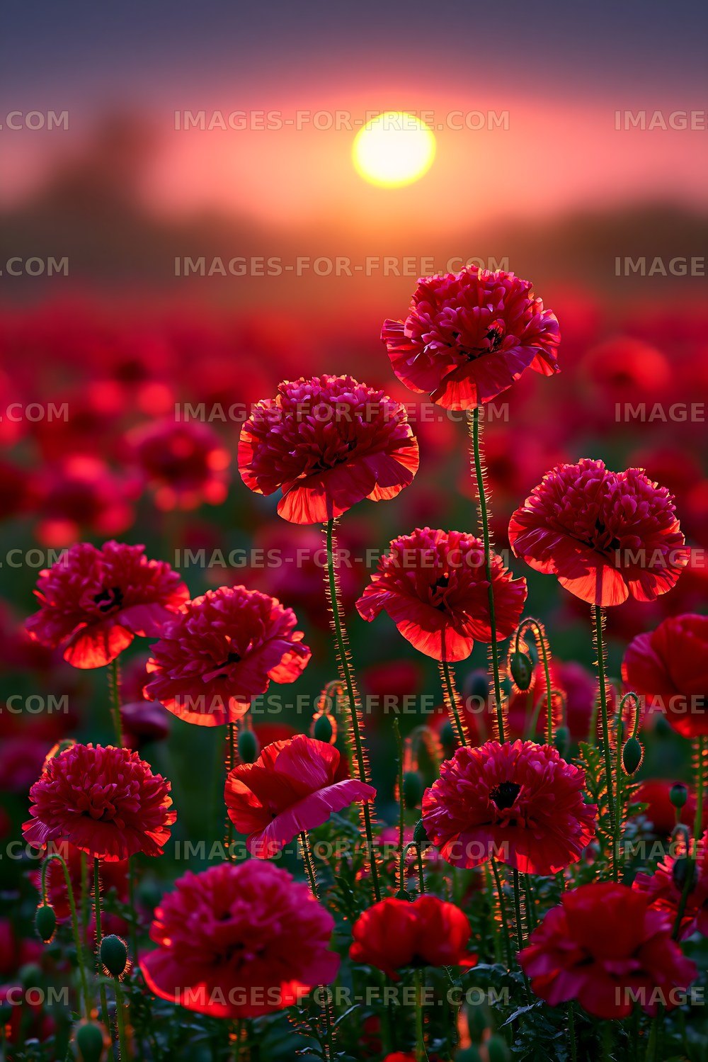 Poppy flowers blooming at sunset in a vibrant field
