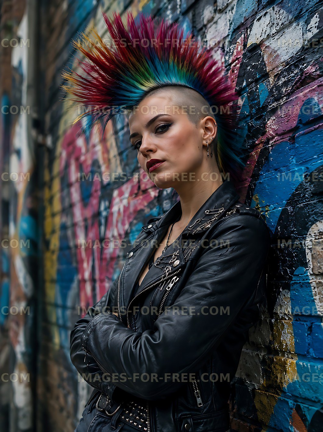 Punk style woman with colorful mohawk hairstyle in urban setting