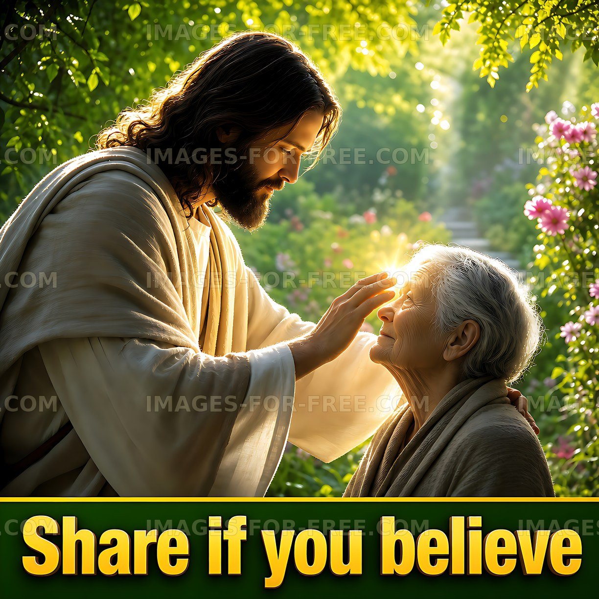Jesus touching an elderly woman's forehead in a garden
