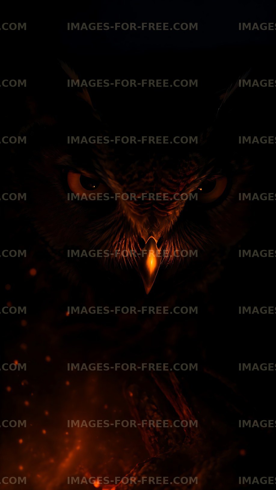 Owl with glowing eyes in dark environment