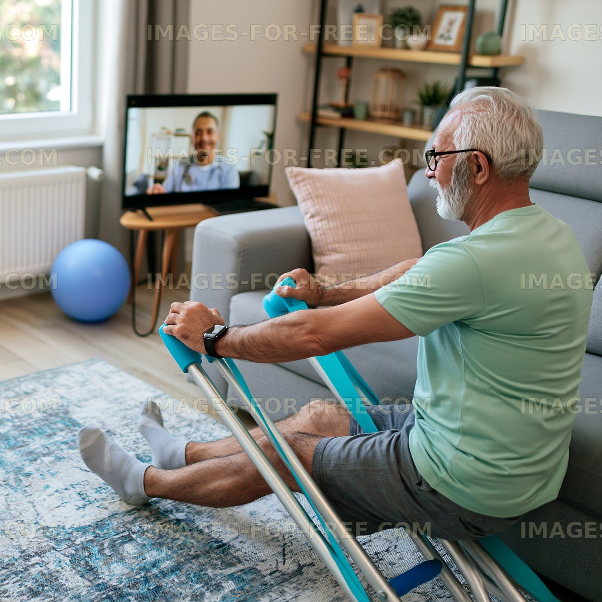 Senior man exercising at home while watching video on TV