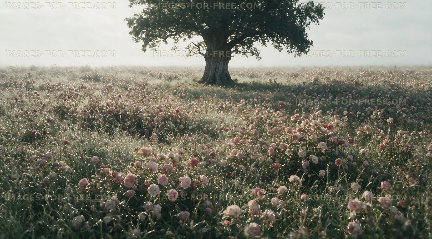 Lone tree surrounded by pink flowers in misty field