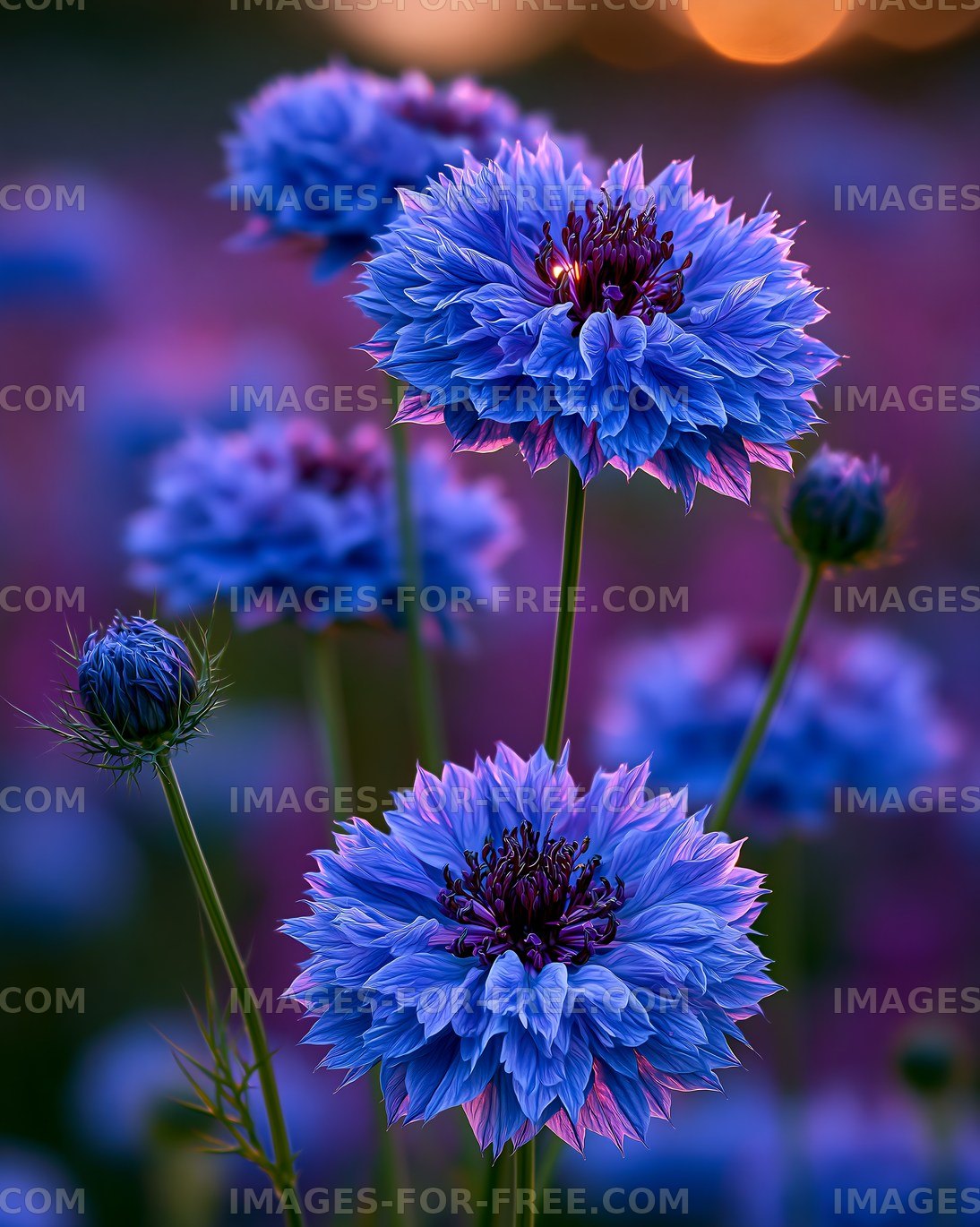 Vibrant blue flowers blooming in a colorful meadow