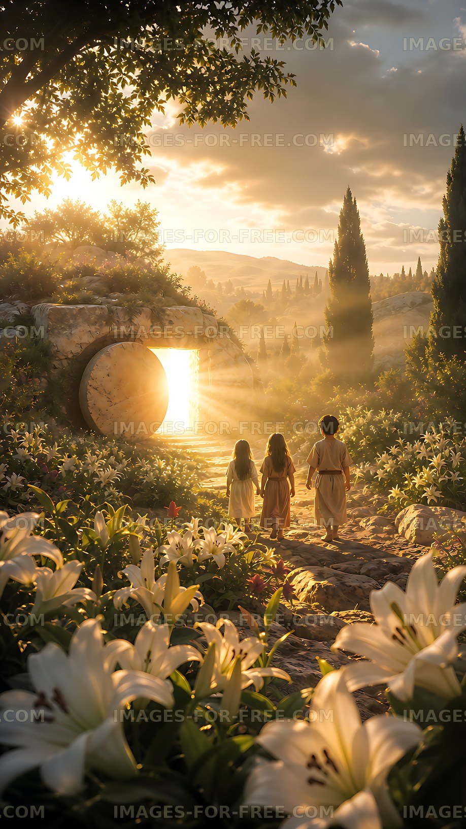 Children walking on a path in a garden with flowers and sunlight