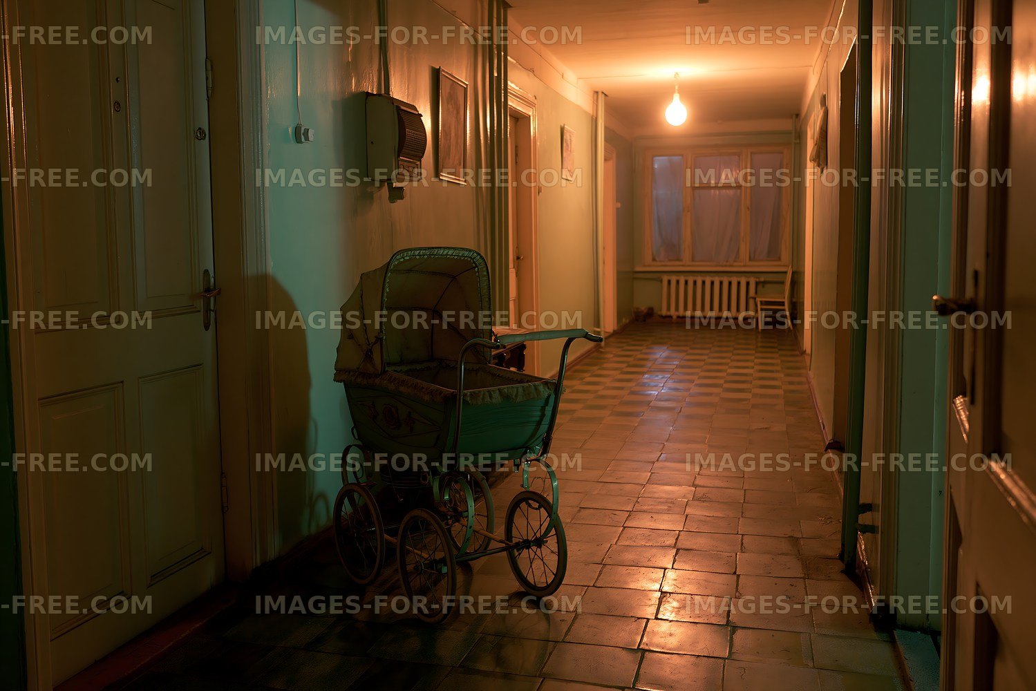 Old hallway with a vintage baby carriage at night