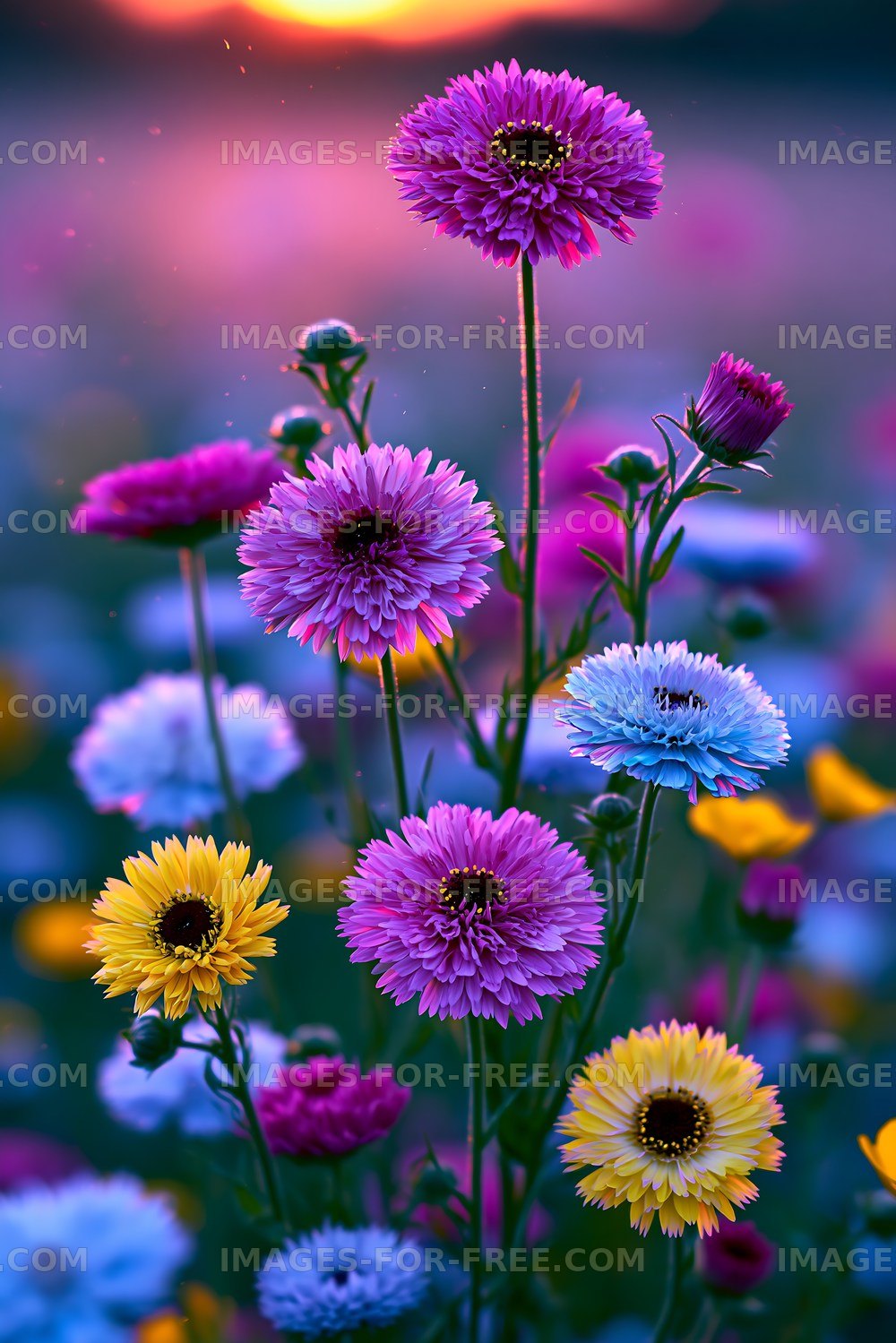 Colorful flowers blooming during sunset in a garden