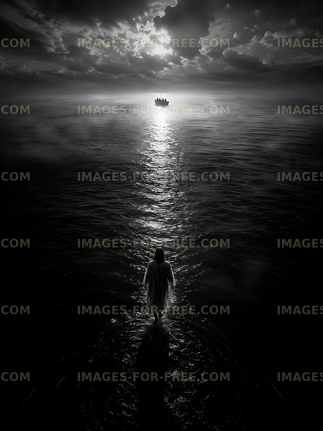 Figure walking on water towards distant boat at sunset