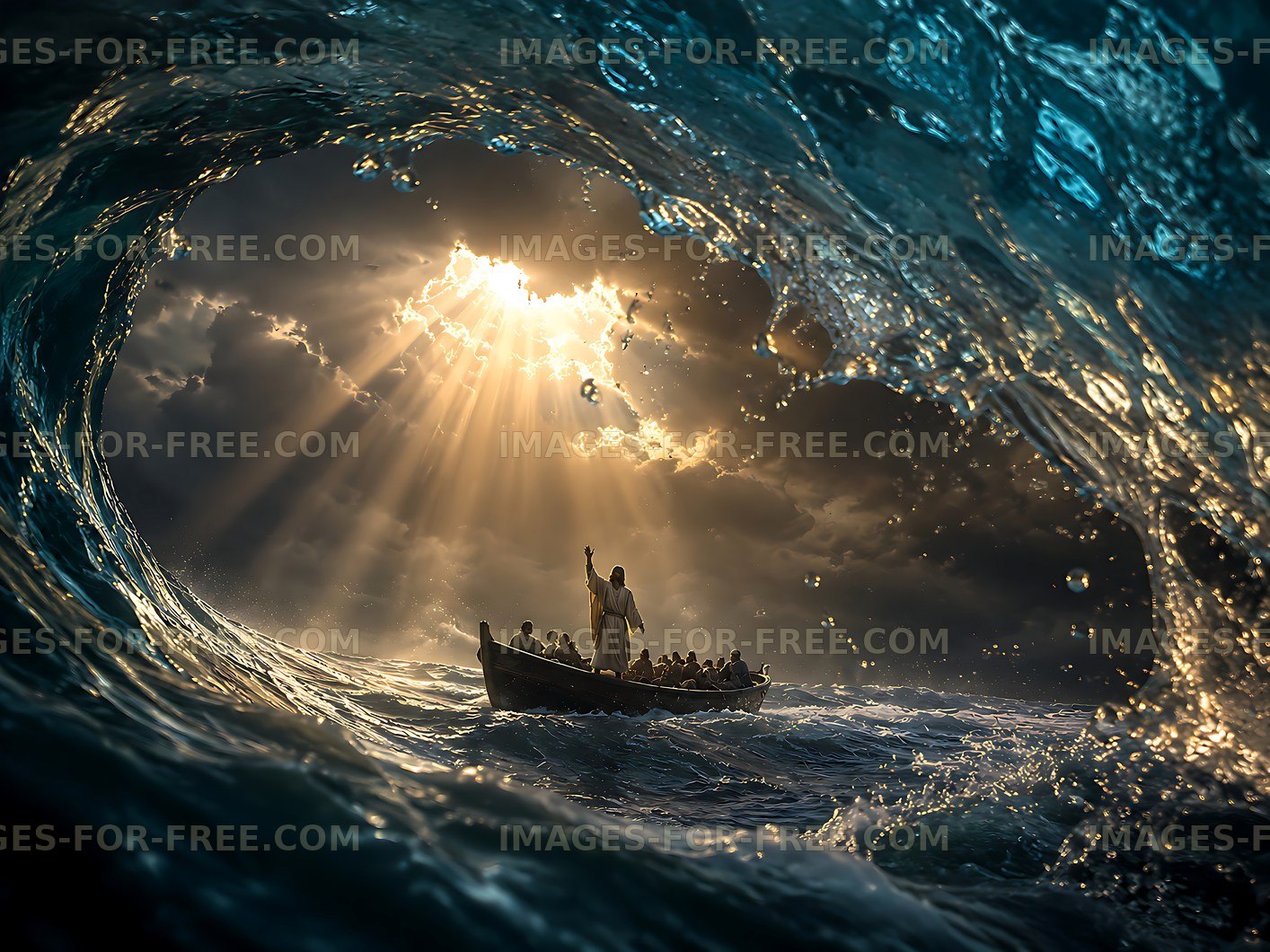 Man in boat during storm with waves and sunlight breaking through