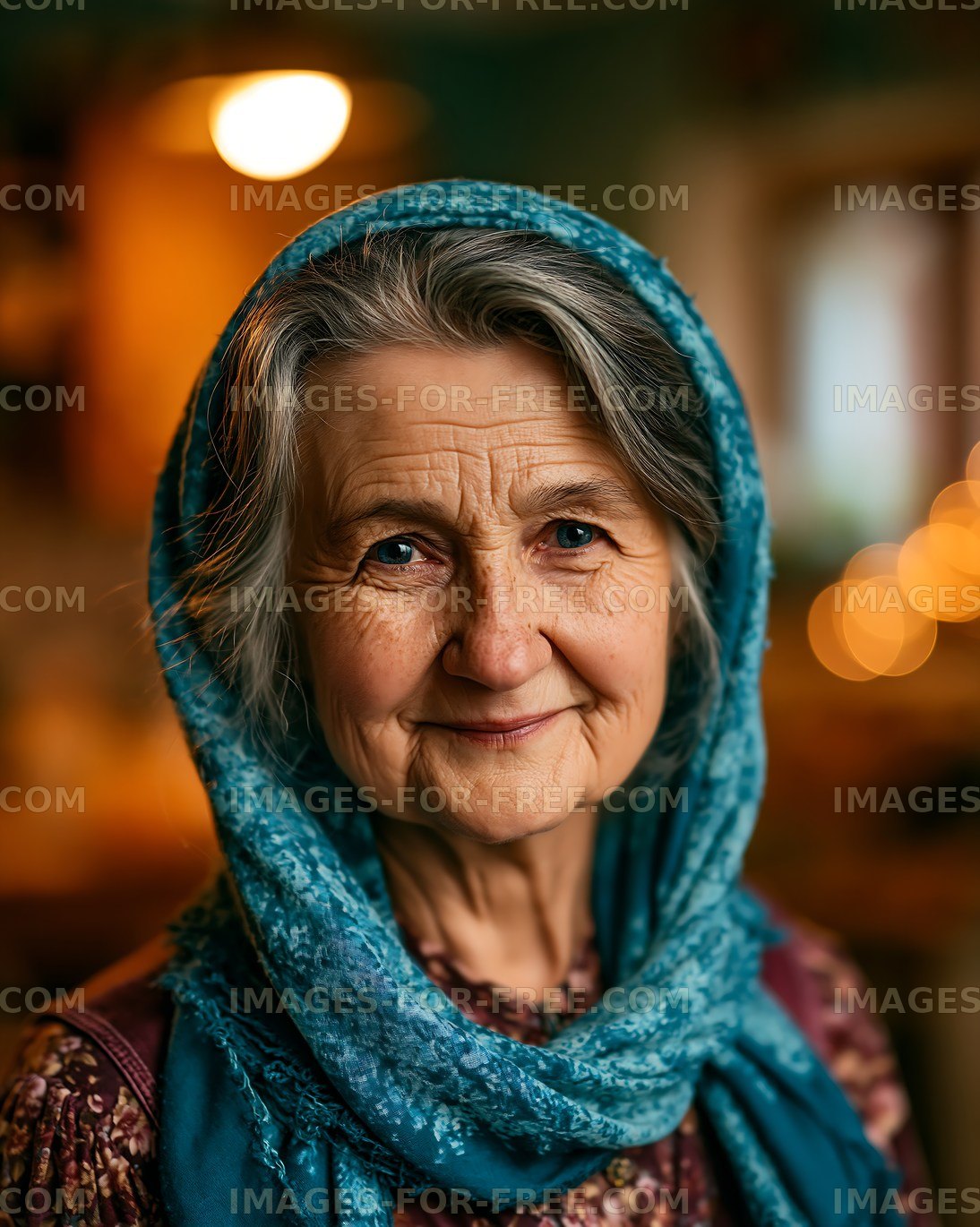 Elderly woman with scarf in warmly lit indoor setting