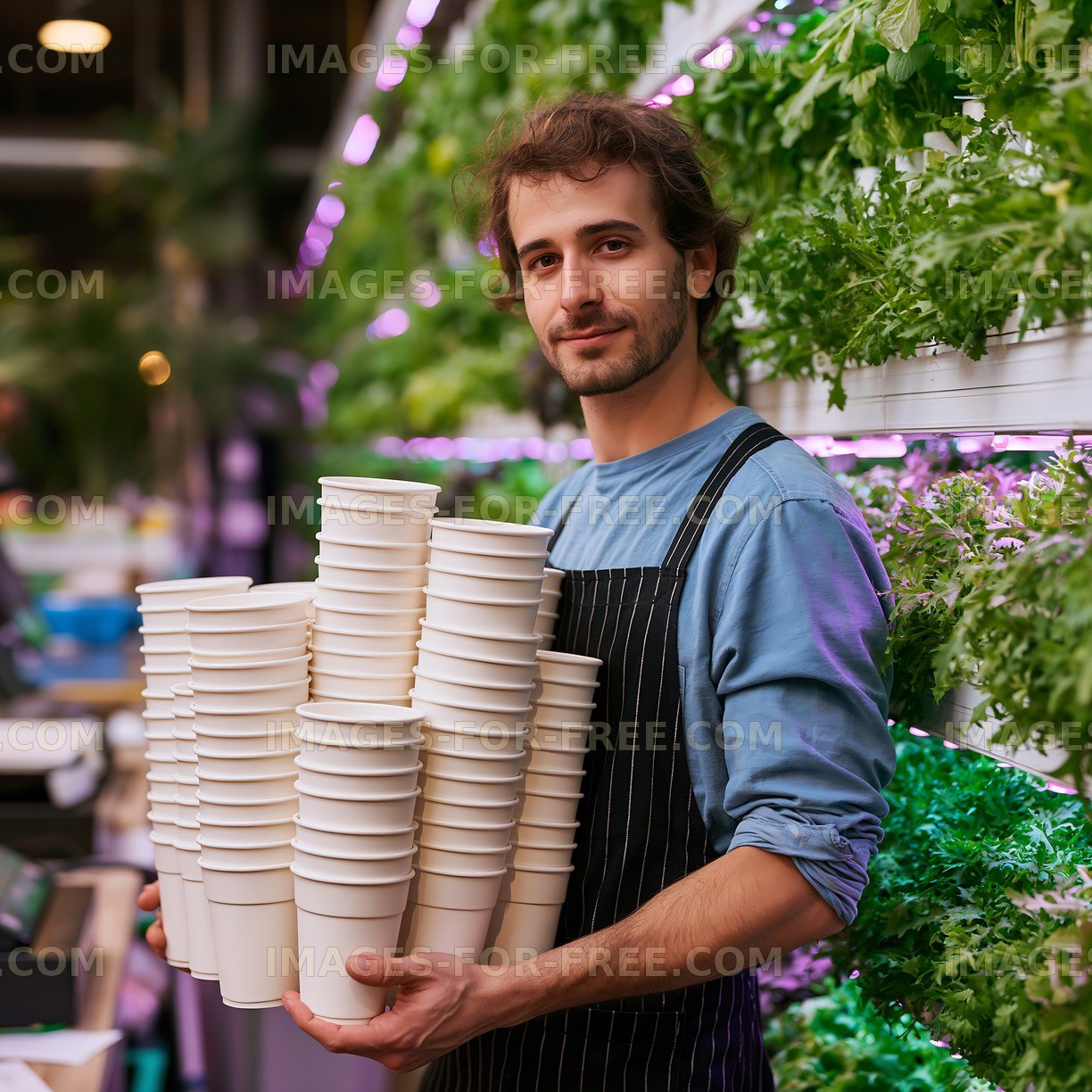 Person holding a stack of cups in a greenhouse
