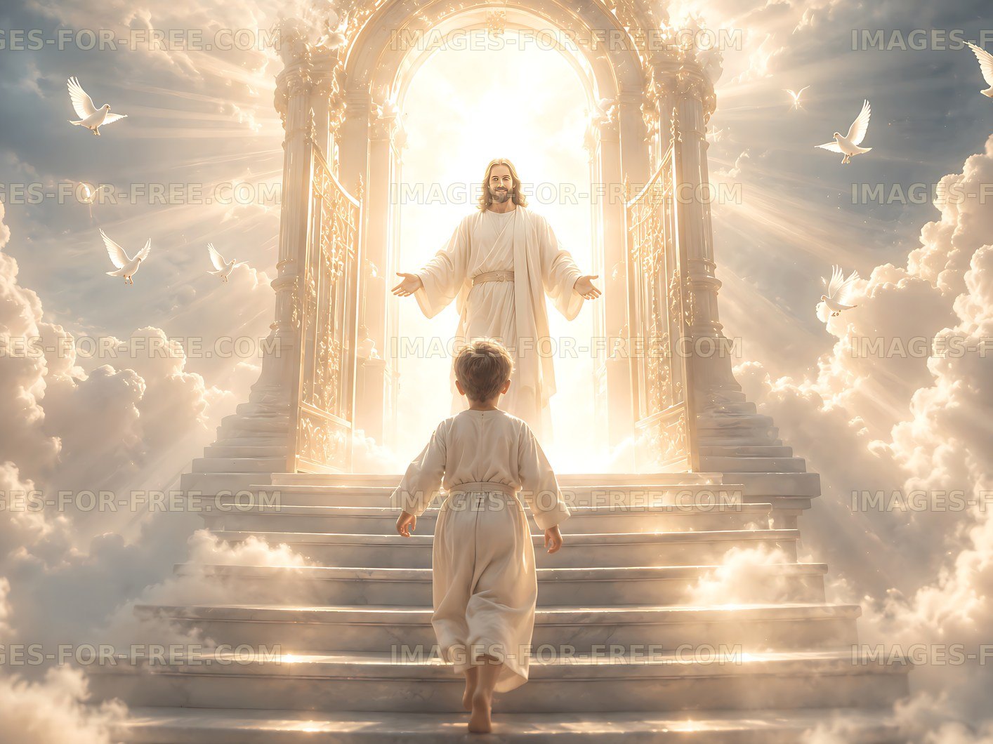 Child approaches figure in heavenly scene with light and doves