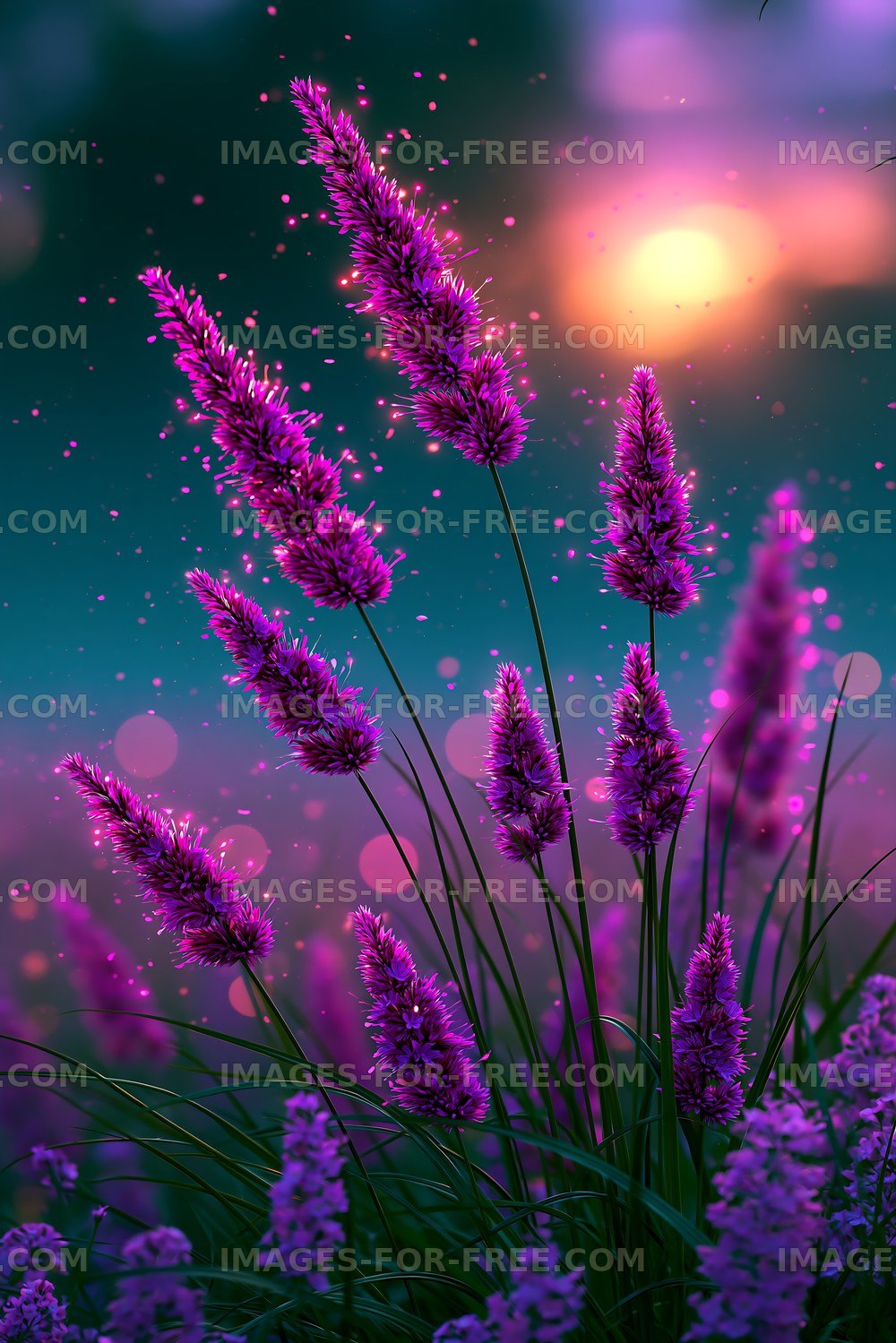 Purple flowers swaying in the breeze during sunset