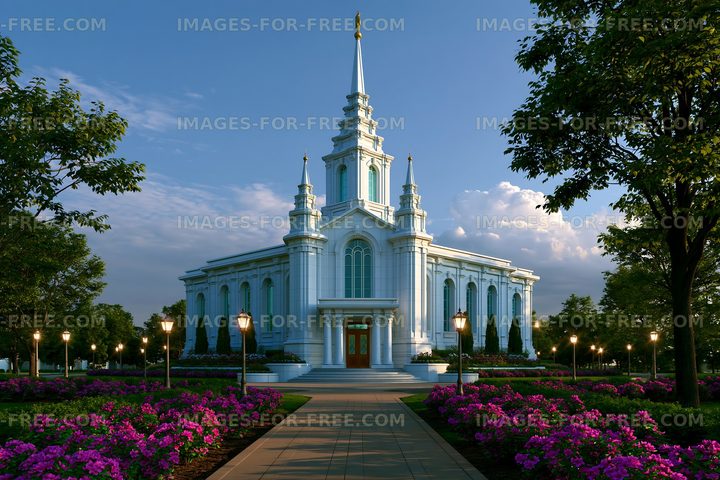 Modern church building surrounded by flowers and trees