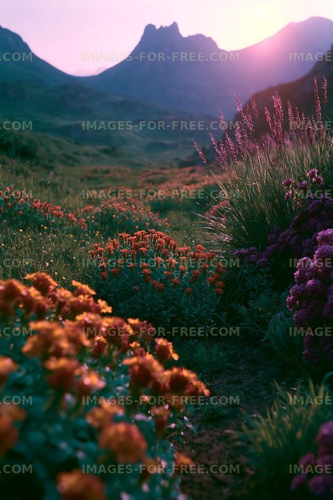 Colorful flowers in a lush valley at sunset