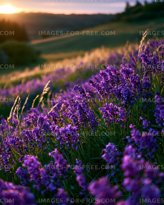 Lavender field at sunset with golden light shining