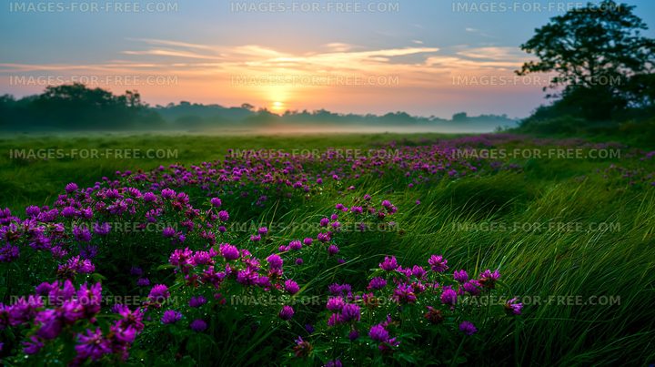 Sunrise over a field of wildflowers and tall grass