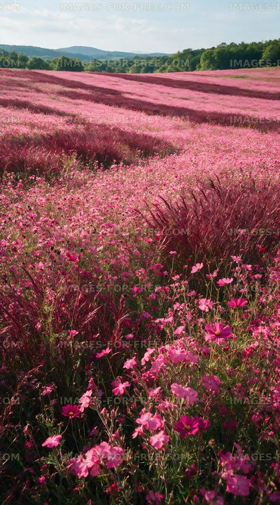 Vibrant pink flower field under a clear blue sky