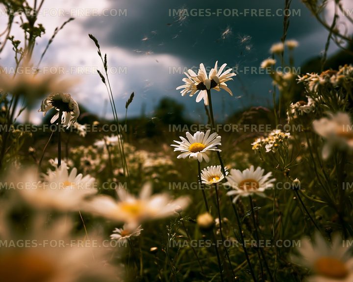 Daisies in a field under cloudy skies