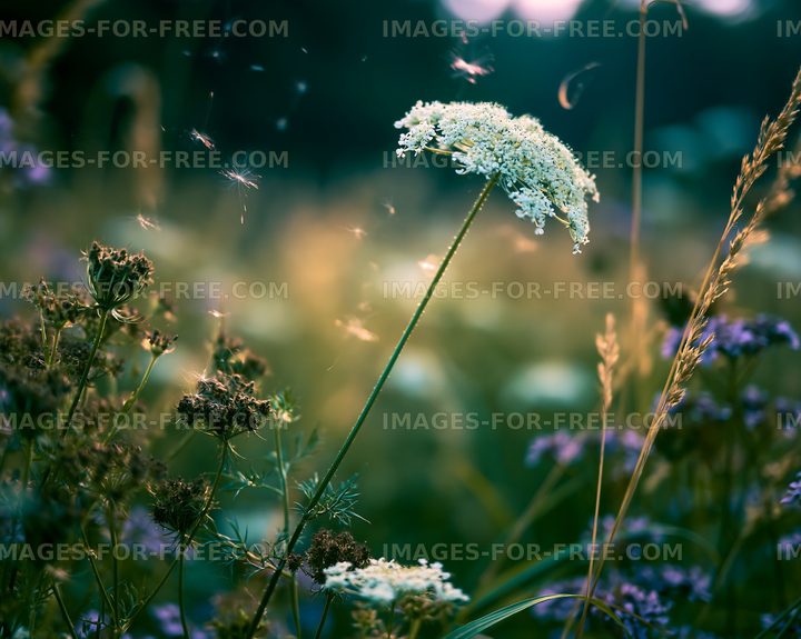 Wildflowers in a grassy field during sunset